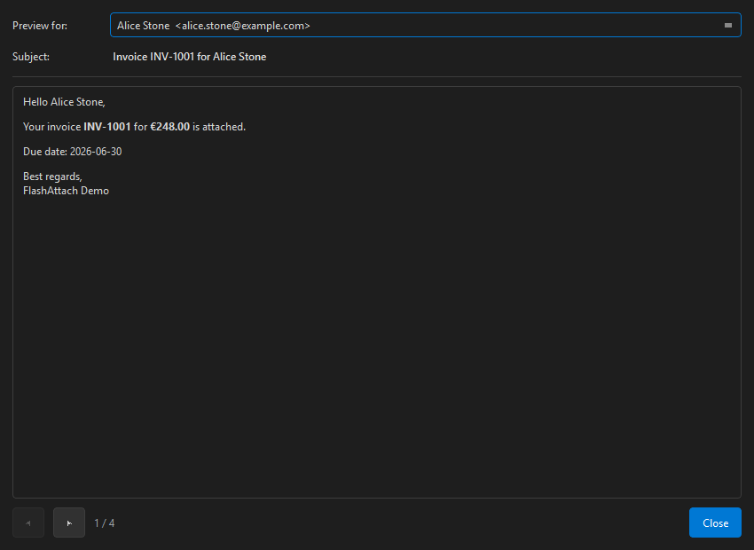 FlashAttach merged email preview